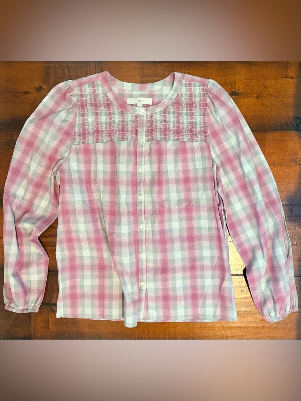 LOFT Pink & White Plaid Smocked Button-Front Blouse